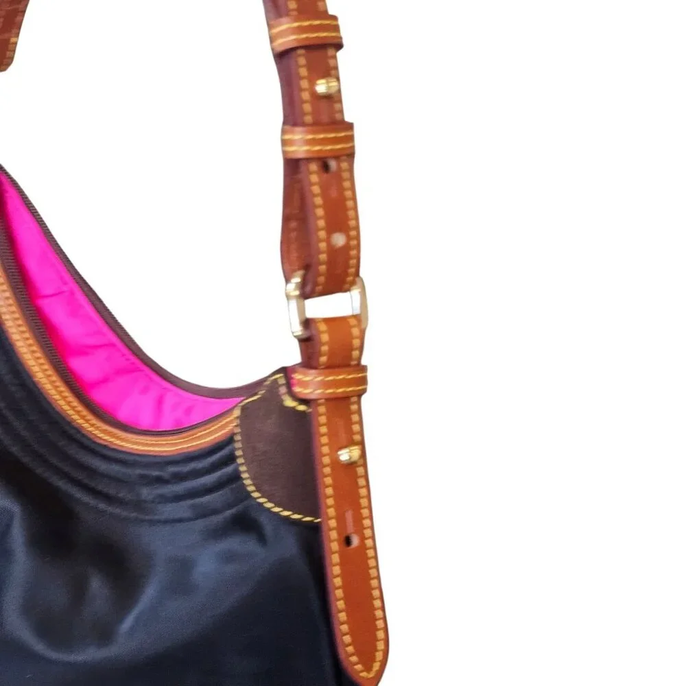 DOONEY BOURKE BLACK NYLON HOBO Bag Purse Handbag TAN LEATHER STRAP Pink Interior